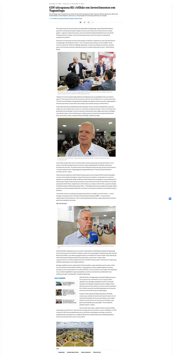 GDF ultrapassa R$ 1 bilhão em investimentos em Taguatinga