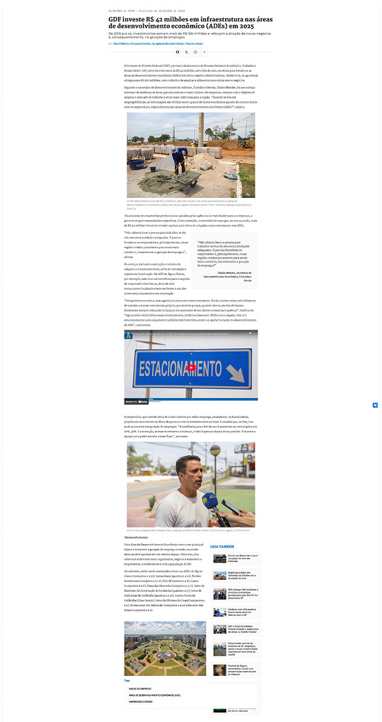 GDF investe R$ 42 milhões em infraestrutura nas áreas de desenvolvimento econômico (ADEs) em 2025